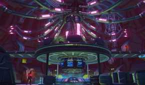 A screenshot from Far Cry 3: Blood Dragon, showing an elaborate, well-lit room with metal pipes and machines running all across.