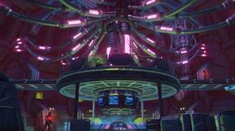 A screenshot from Far Cry 3: Blood Dragon, showing an elaborate, well-lit room with metal pipes and machines running all across.