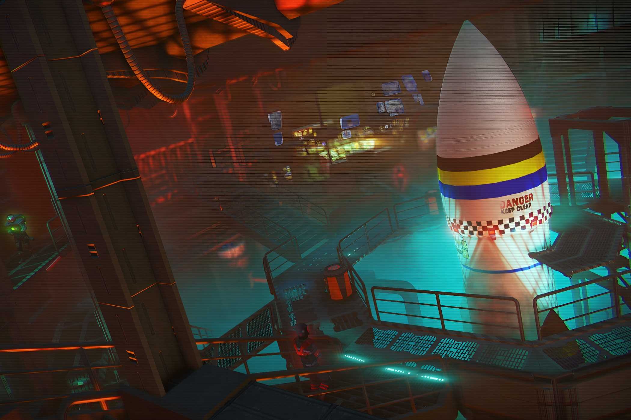 A screenshot from Far Cry 3: Blood Dragon, showing a giant white nuclear missile house in a metal compound.