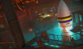A screenshot from Far Cry 3: Blood Dragon, showing a giant white nuclear missile house in a metal compound.