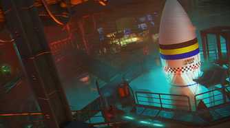 A screenshot from Far Cry 3: Blood Dragon, showing a giant white nuclear missile house in a metal compound.