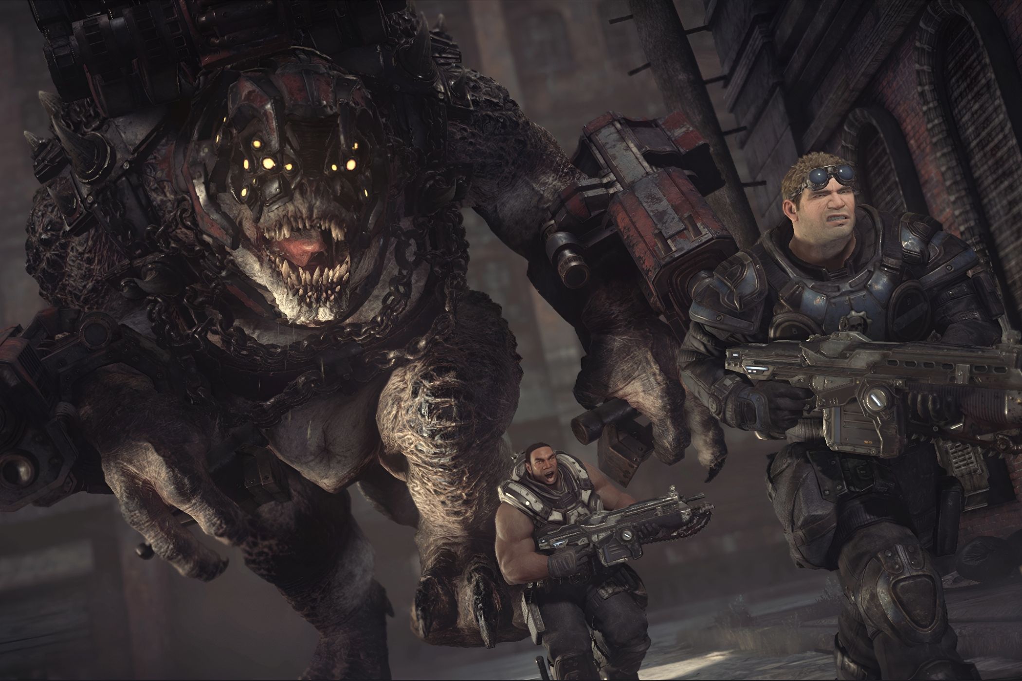 A screenshot from the game Gears of War: Ultimate Edition, showing two men in big, bulky armor, running away from a huge bi-pedal lizard wearing red armor and chains.