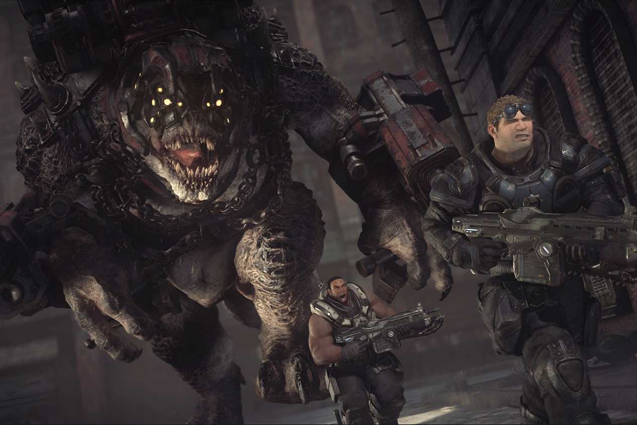 A screenshot from the game Gears of War: Ultimate Edition, showing two men in big, bulky armor, running away from a huge bi-pedal lizard wearing red armor and chains.