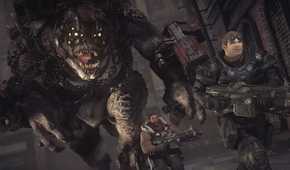 A screenshot from the game Gears of War: Ultimate Edition, showing two men in big, bulky armor, running away from a huge bi-pedal lizard wearing red armor and chains.