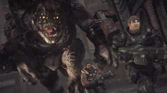 A screenshot from the game Gears of War: Ultimate Edition, showing two men in big, bulky armor, running away from a huge bi-pedal lizard wearing red armor and chains.