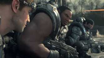 A screenshot from the game Gears of War: Ultimate Edition, showing three men wearing armor and weilding weapons.