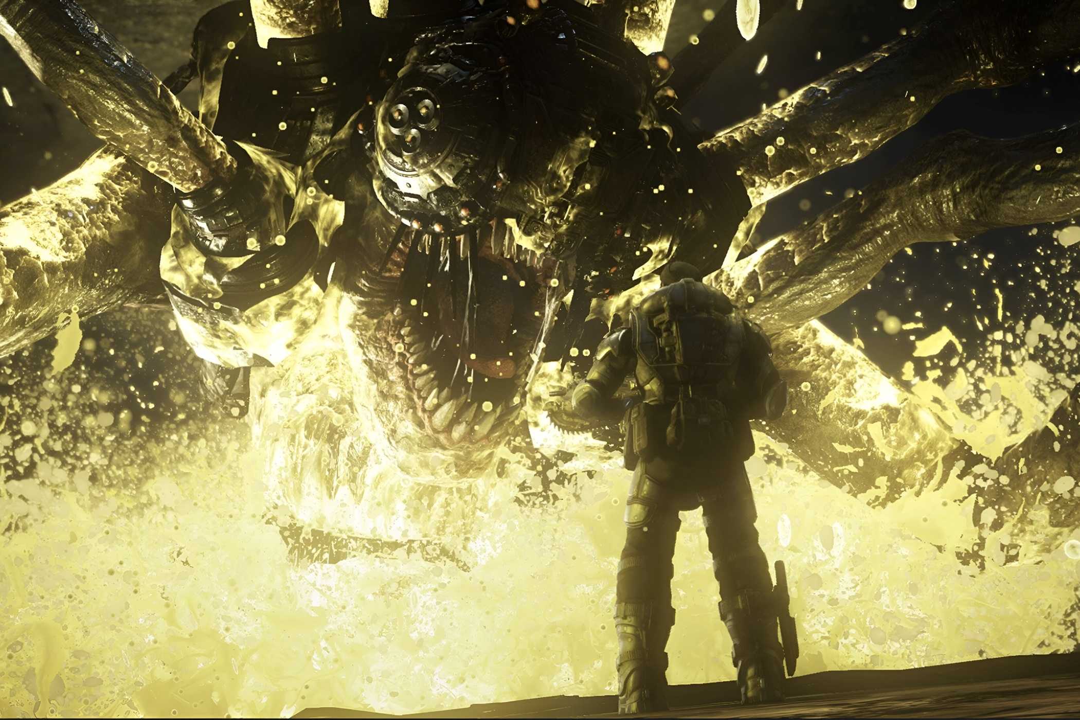 A screenshot from the game Gears of War: Ultimate Edition, showing a man wearing bulky armor facing off a huge, arachnid creature wearing metal armor, having no eyes, and opening its mouth violently.