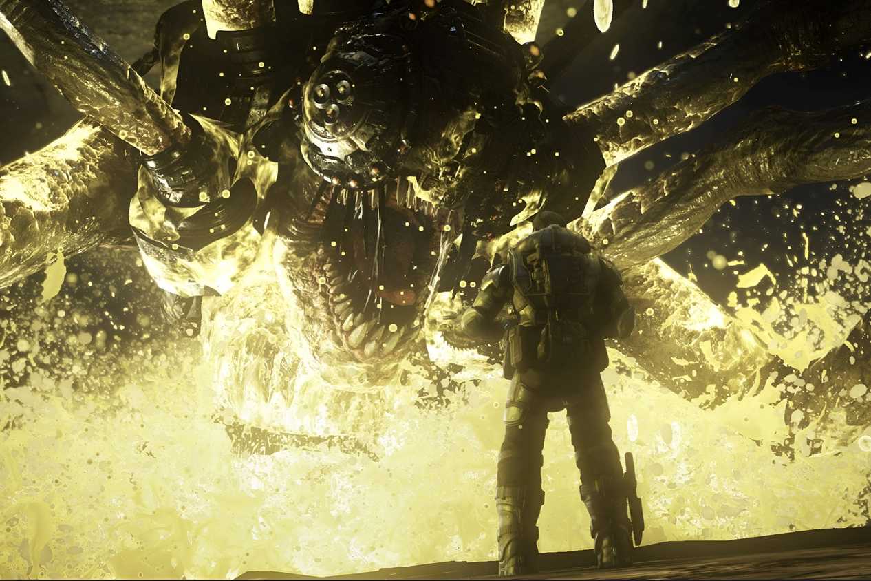 A screenshot from the game Gears of War: Ultimate Edition, showing a man wearing bulky armor facing off a huge, arachnid creature wearing metal armor, having no eyes, and opening its mouth violently.