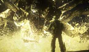 A screenshot from the game Gears of War: Ultimate Edition, showing a man wearing bulky armor facing off a huge, arachnid creature wearing metal armor, having no eyes, and opening its mouth violently.