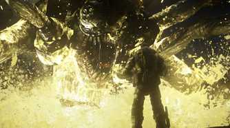 A screenshot from the game Gears of War: Ultimate Edition, showing a man wearing bulky armor facing off a huge, arachnid creature wearing metal armor, having no eyes, and opening its mouth violently.
