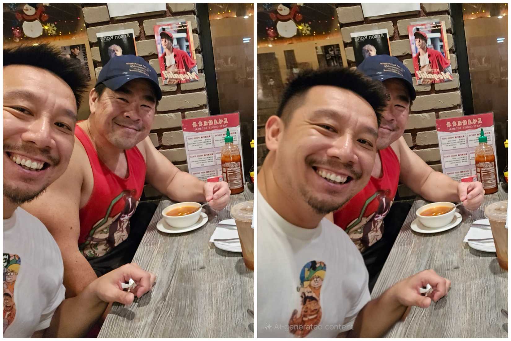 Original shot, with part of my face off frame (left); AI generated shot with my full face (right)