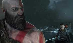 Kratos, a Greek god with white skin and red tattoos, looking over his shoulder at his young child.