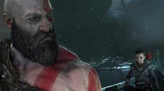 Kratos, a Greek god with white skin and red tattoos, looking over his shoulder at his young child.