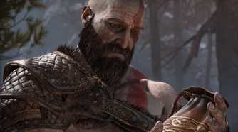 Kratos, a Greek God with white skin, red tattoos and a thick beard, wearily looking at a leather pouch he is holding.