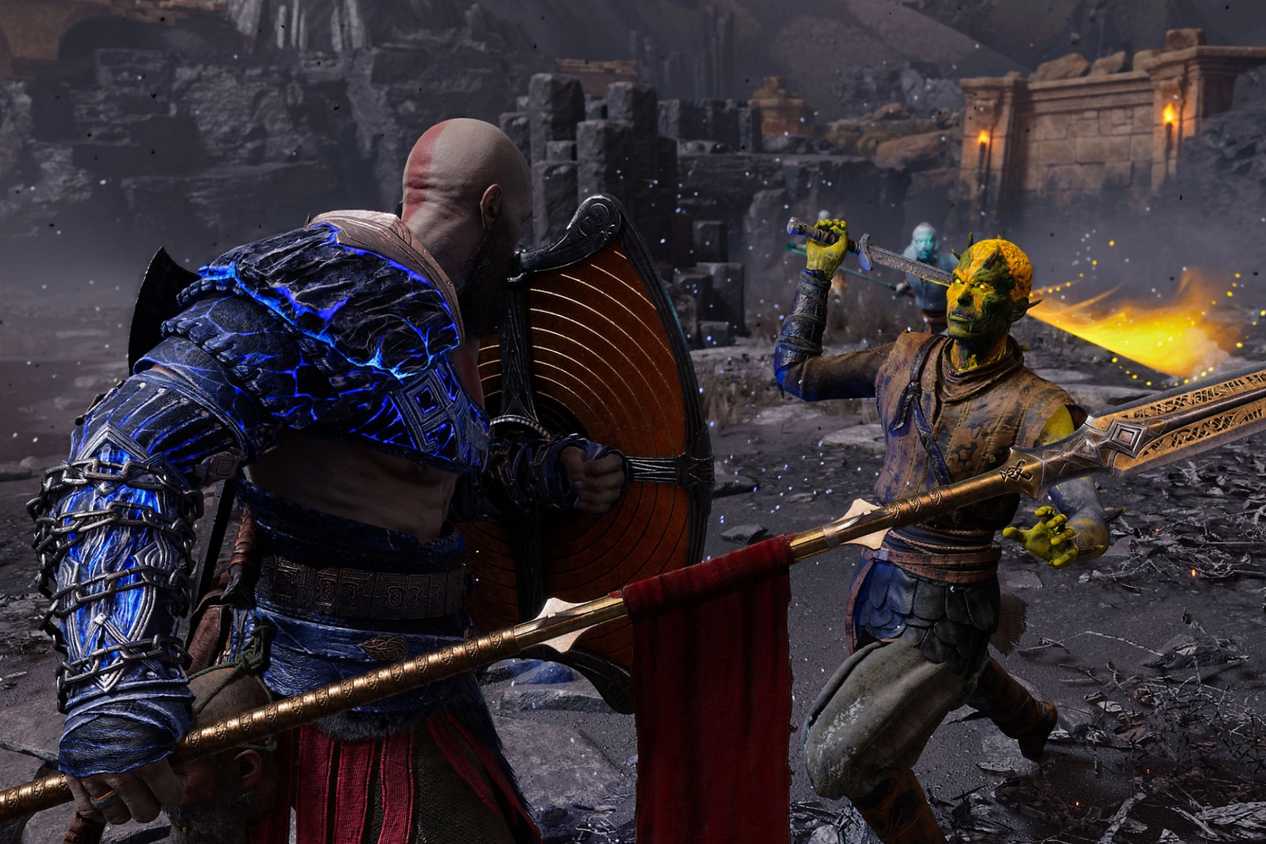 A screenshot from God of War Ragnarok: Valhalla, showing Kratos wield a spear and shield against an enemy.