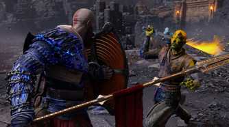 A screenshot from God of War Ragnarok: Valhalla, showing Kratos wield a spear and shield against an enemy.
