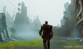 A screenshot from God of War Ragnarok: Valhalla, showing a isty environment as Kratos, the protagonist, walks through it.