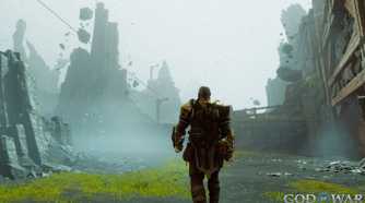 A screenshot from God of War Ragnarok: Valhalla, showing a isty environment as Kratos, the protagonist, walks through it.