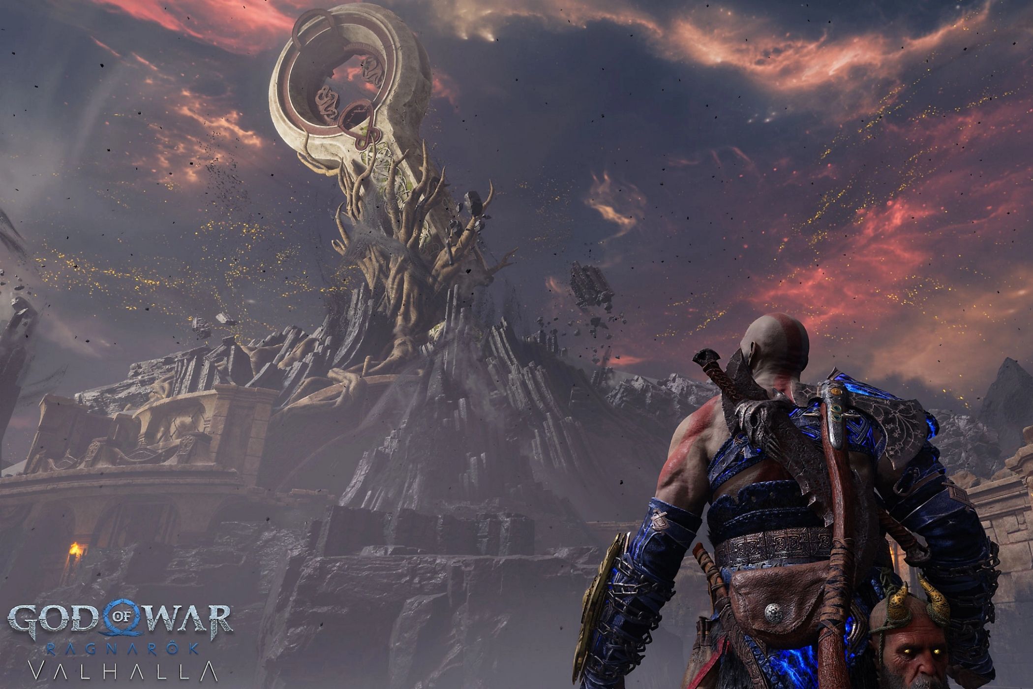 A screenshot from God of War Ragnarok: Valhalla, showing a large pendulum stick at the top of a mountain as Kratos looks at it.