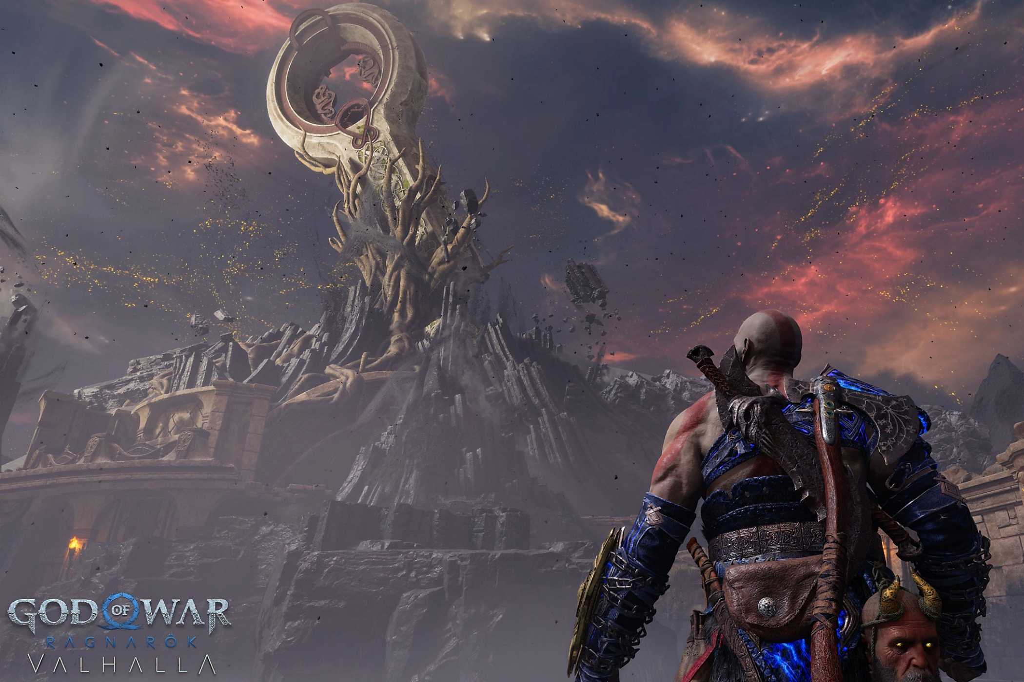 A screenshot from God of War Ragnarok: Valhalla, showing a large pendulum stick at the top of a mountain as Kratos looks at it.