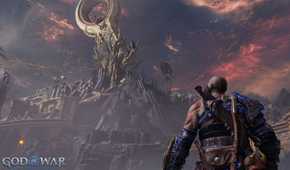 A screenshot from God of War Ragnarok: Valhalla, showing a large pendulum stick at the top of a mountain as Kratos looks at it.