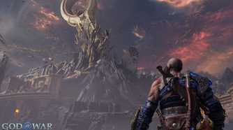 A screenshot from God of War Ragnarok: Valhalla, showing a large pendulum stick at the top of a mountain as Kratos looks at it.