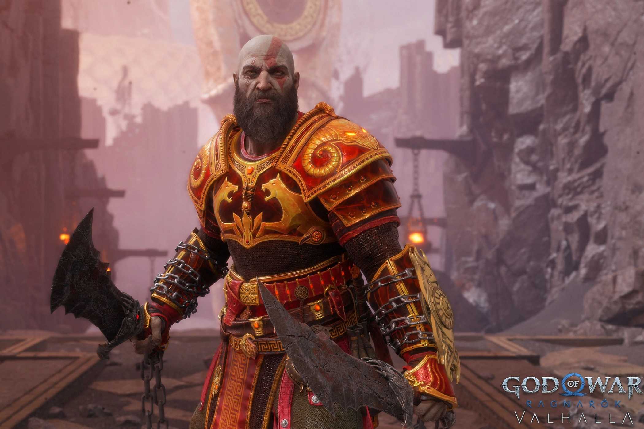 A screenshot from God of War Ragnarok: Valhalla, showing Kratos, the protagonist, wield a blade in each hand while wearing red and golden armor.