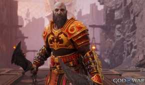 A screenshot from God of War Ragnarok: Valhalla, showing Kratos, the protagonist, wield a blade in each hand while wearing red and golden armor.