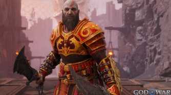 A screenshot from God of War Ragnarok: Valhalla, showing Kratos, the protagonist, wield a blade in each hand while wearing red and golden armor.