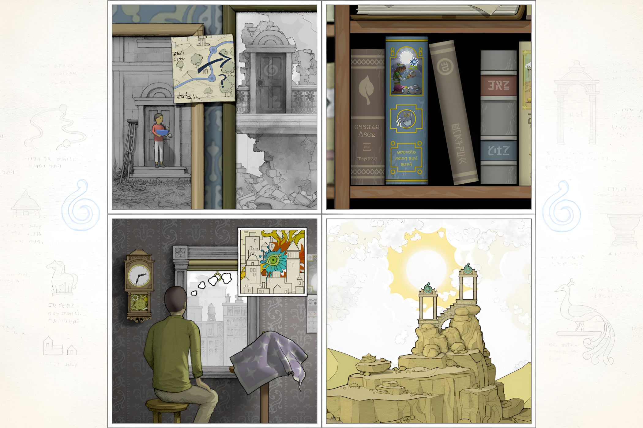 A screenshot from the game Gorogoa, showing four different images creating a puzzle.