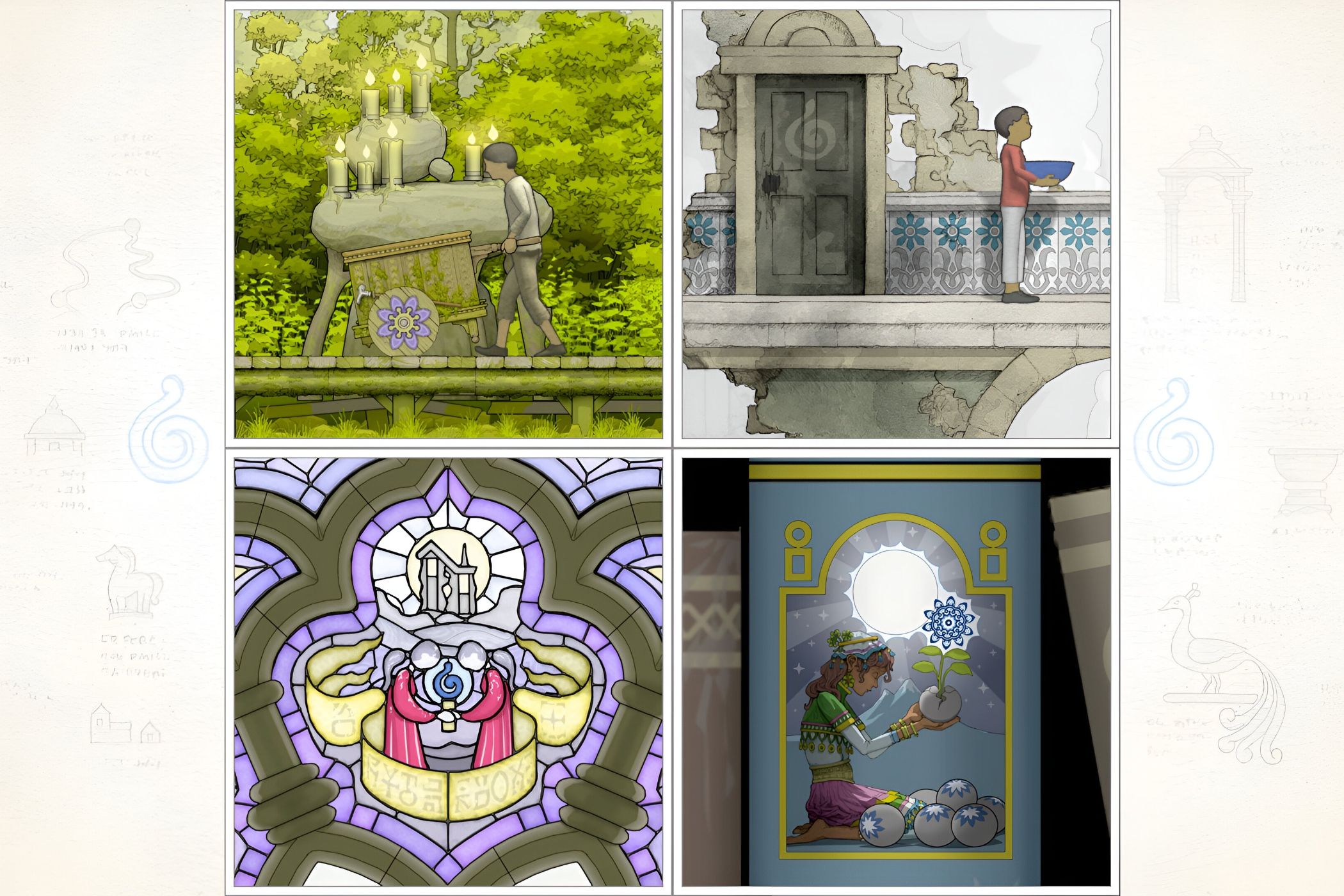 A screenshot from the game Gorogoa, showing four different images making up a puzzle for the player to solve.