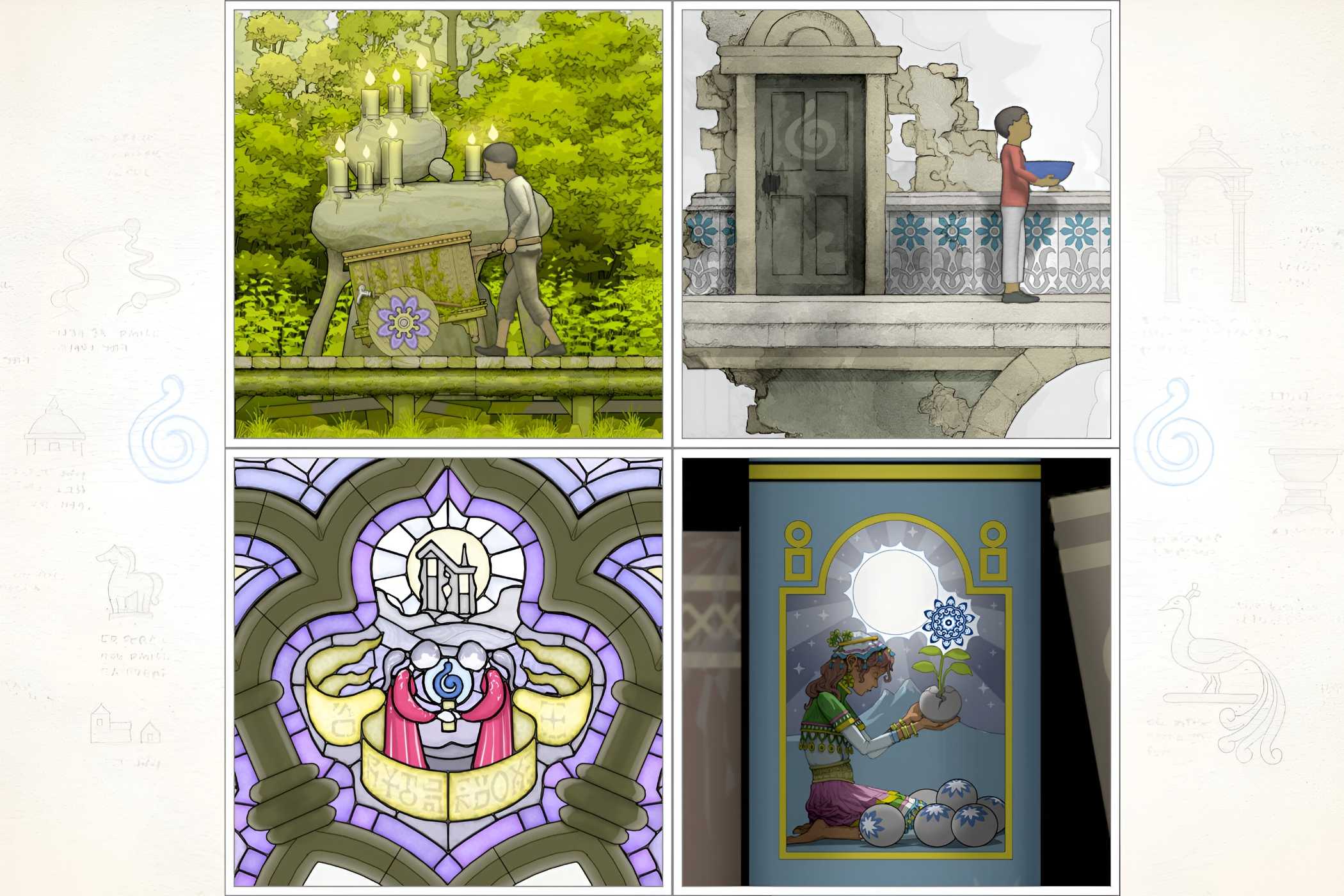 A screenshot from the game Gorogoa, showing four different images making up a puzzle for the player to solve.