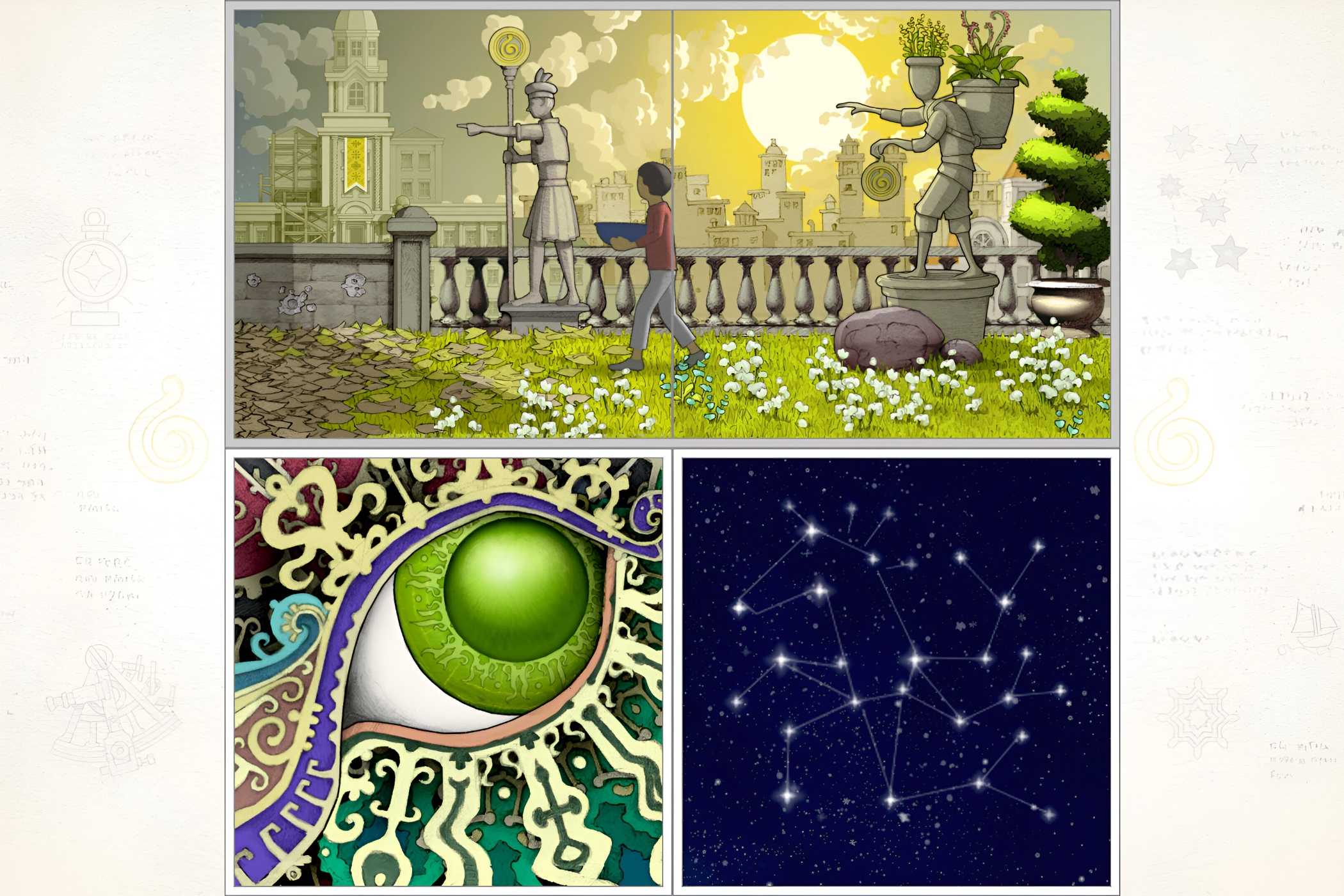 A screenshot from the game Gorogoa, showing three different images making a puzzle, inlcuding a constellation, a huge green eye, and a boy walking along as statues guide him on his way.