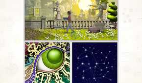 A screenshot from the game Gorogoa, showing three different images making a puzzle, inlcuding a constellation, a huge green eye, and a boy walking along as statues guide him on his way.