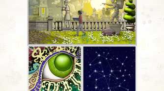 A screenshot from the game Gorogoa, showing three different images making a puzzle, inlcuding a constellation, a huge green eye, and a boy walking along as statues guide him on his way.