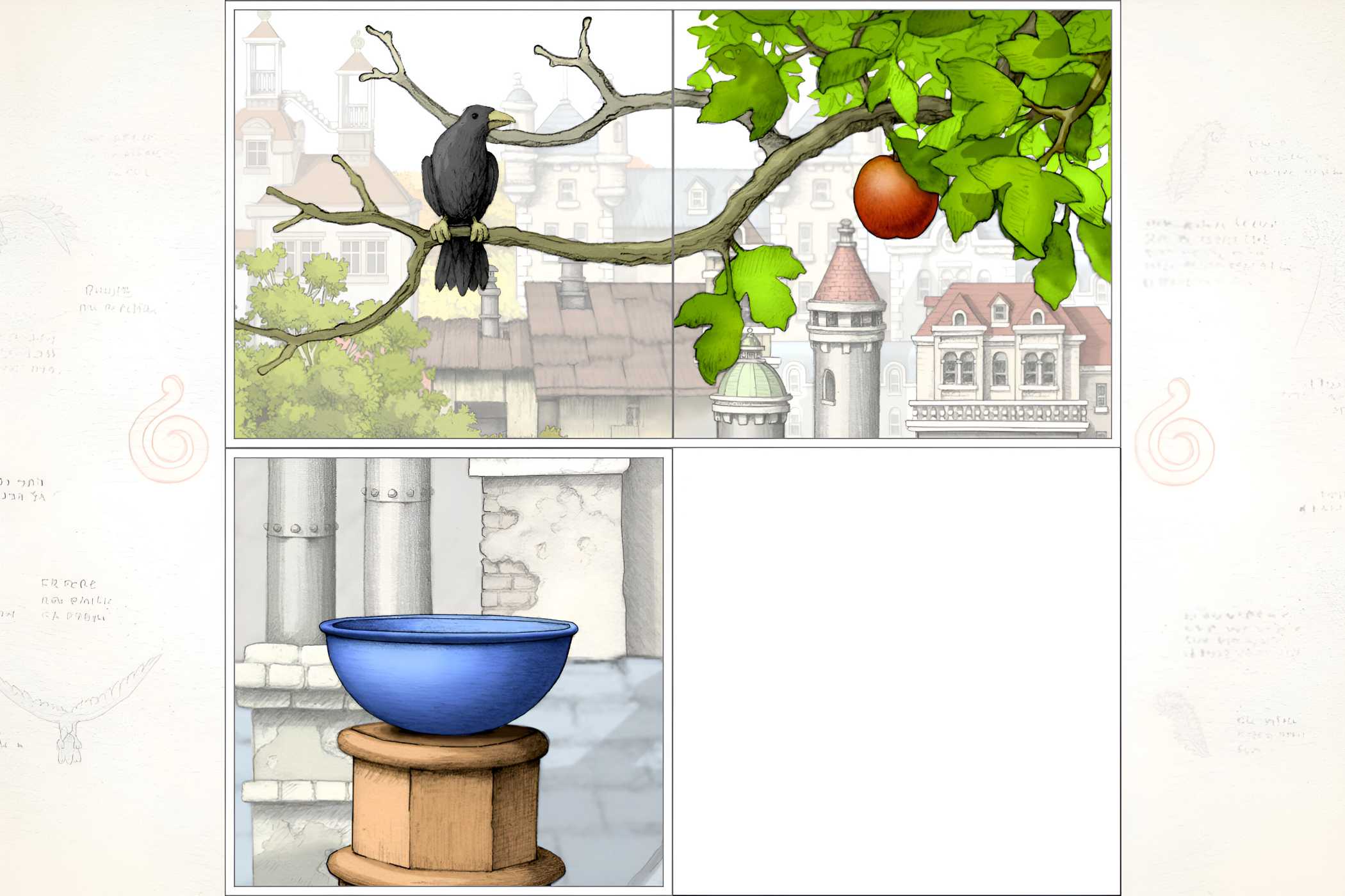 A screenshot from the game Gorogoa, shownig three images as a puzzle, inlcuding a crow perched on an apple tree branch.