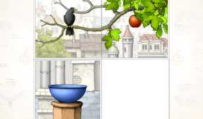A screenshot from the game Gorogoa, shownig three images as a puzzle, inlcuding a crow perched on an apple tree branch.