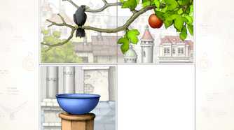A screenshot from the game Gorogoa, shownig three images as a puzzle, inlcuding a crow perched on an apple tree branch.