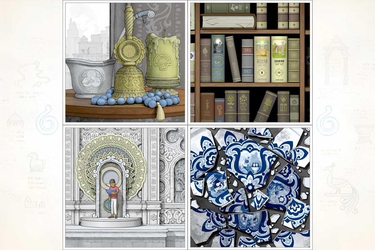 A screenshot from the game Gorogoa, showing a puzzle with four images.