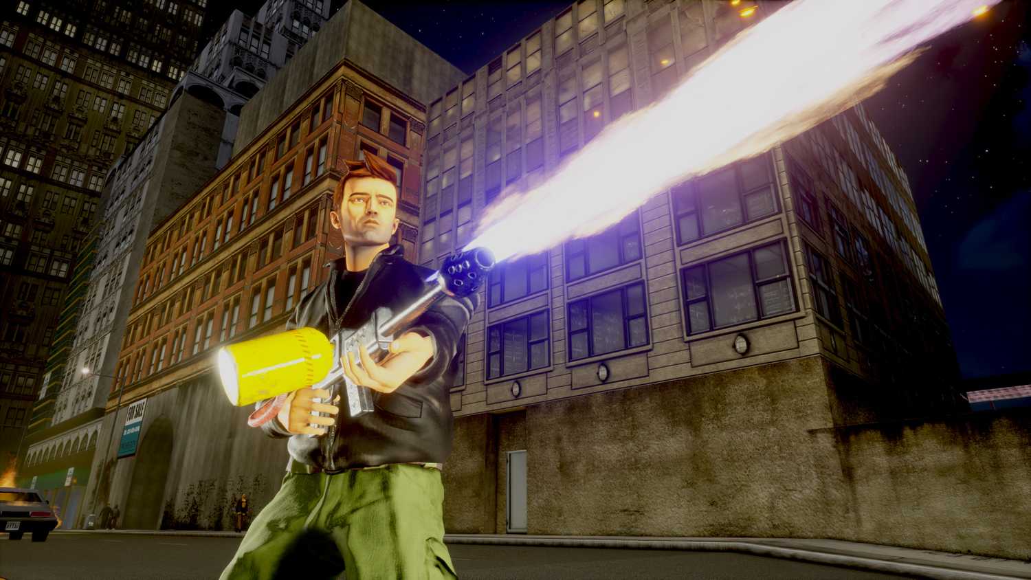 Screenshot from Grand Theft Auto Trilogy: The Definitive Edition video game of Grand Theft Auto III character using a flamethrower