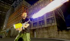 Screenshot from Grand Theft Auto Trilogy: The Definitive Edition video game of Grand Theft Auto III character using a flamethrower