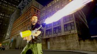 Screenshot from Grand Theft Auto Trilogy: The Definitive Edition video game of Grand Theft Auto III character using a flamethrower