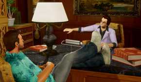Screenshot from Grand Theft Auto Trilogy: The Definitive Edition video game of two characters sitting on either side of a desk in Grand Theft Auto: Vice City