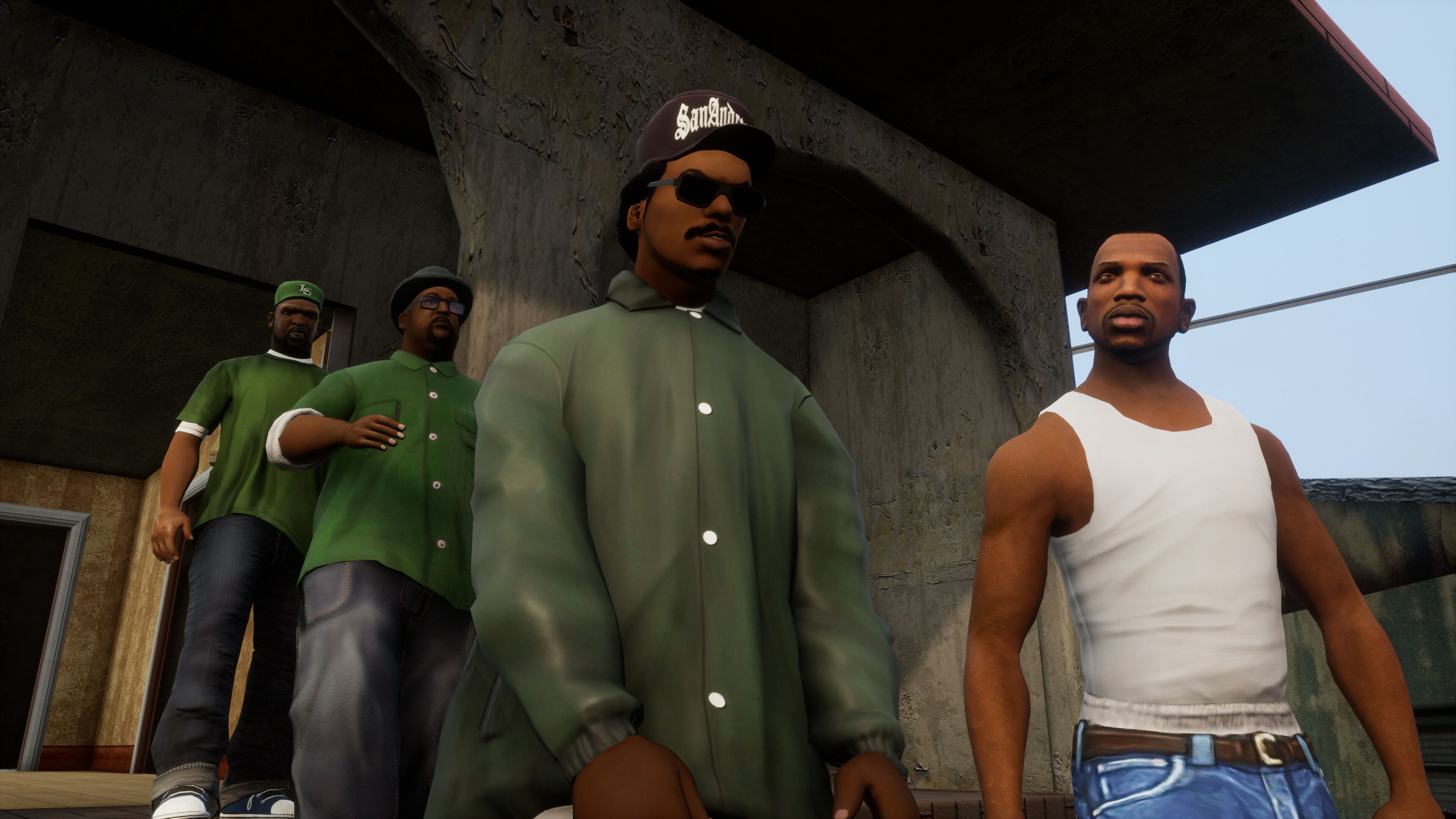 Screenshot from Grand Theft Auto Trilogy: The Definitive Edition video game of four characters standing outside a house in Grand Theft Auto: San Andreas