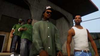 Screenshot from Grand Theft Auto Trilogy: The Definitive Edition video game of four characters standing outside a house in Grand Theft Auto: San Andreas