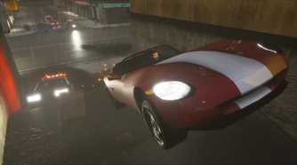 Screenshot from Grand Theft Auto Trilogy: The Definitive Edition video game of car flying through the air on a rainy night in Grand Theft Auto III