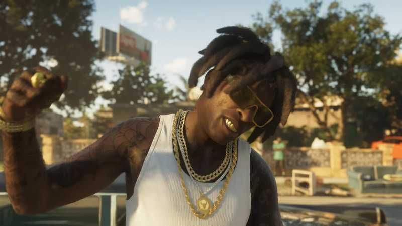 Image from Grand Theft Auto VI video game of character with white tank top and gold chains