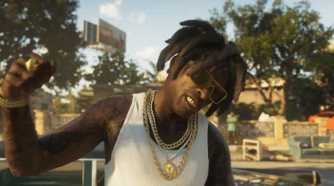 Image from Grand Theft Auto VI video game of character with white tank top and gold chains