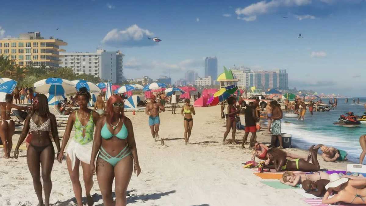 Image from Grand Theft Auto VI video game of a crowded beach in a fictional version of Miami