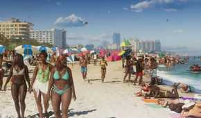 Image from Grand Theft Auto VI video game of a crowded beach in a fictional version of Miami